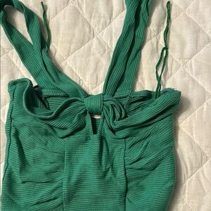 Green Ribbed Tie-Front Top